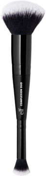 e.l.f. Complexion Duo, dwustronny pędzel do podkładu i korektora, czarny uchwyt, biało-czarne włosie, pionowo.