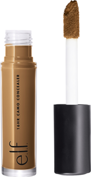 e.l.f. 16hr Camo Concealer Deep Chestnut: brązowy matowy płyn w butelce, obok aplikator.