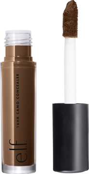 e.l.f. 16hr Camo Concealer Rich Chocolate. Ciemnobrązowy płynny korektor z aplikatorem, otwarte opakowanie.