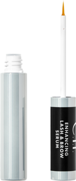 e.l.f. Enhancing Lash & Brow Serum. Otwarta srebrna butelka, obok biały aplikator z pomarańczową końcówką.