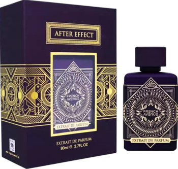 Ciemnofioletowe perfumy French Avenue After Effect, butelka i pudełko ze złotymi zdobieniami, widok z przodu.