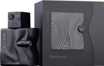 Męskie perfumy Spectre Wraith, czarna butelka z falistą teksturą obok pasującego czarnego pudełka.