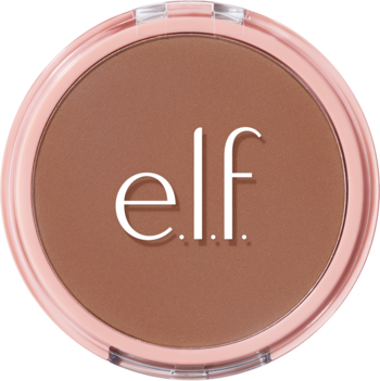 e.l.f. Halo Glow puder prasowany Rich Warm, okrągły różowy kompakt, z białym logo, widok z góry.