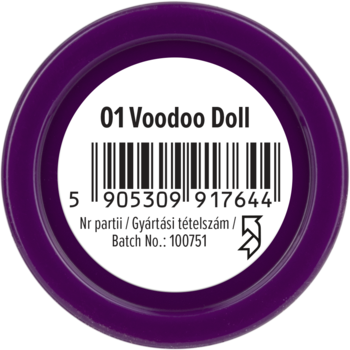 Widok od spodu purpurowego opakowania kosmetyku, z białą etykietą, nazwą "01 Voodoo Doll" i kodem kreskowym.