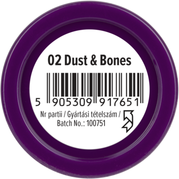 Spód okrągłego fioletowego słoiczka, z białą etykietą, kodem kreskowym i nazwą '02 Dust & Bones'.