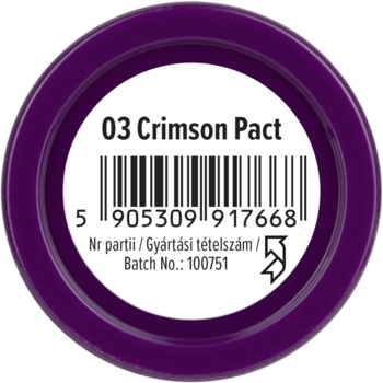 Fioletowy pojemnik, zbliżenie na okrągłą, białą etykietę '03 Crimson Pact' z kodem kreskowym i numerem partii.