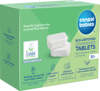 Canpol babies ekocertyfikowane tabletki do zmywarek (30 szt.) w zielonym pudełku z EU Ecolabel, bezzapachowe, widok z przodu.