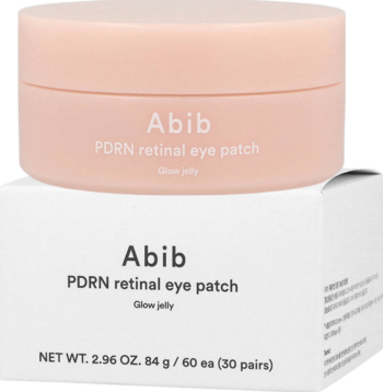 Różowy słoiczek żelowych płatków pod oczy Abib PDRN Retinal Eye Patch na białym kartoniku, widok z przodu.