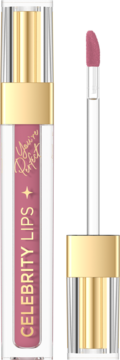 Płynna pomadka Celebrity Lips, odcień różowy mat, tubka z aplikatorem wyjętym, złote detale.