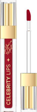 Czerwona płynna pomadka Celebrity Lips o miękkim matowym wykończeniu, aplikator obok tubki.