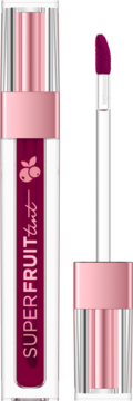 Eliksir do ust Superfruit tint w odcieniu głębokiej magenty, z aplikatorem. Przezroczysta butelka z różową nakrętką.