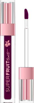 Ciemnofioletowy SUPERFRUIT tint do ust z aplikatorem. Transparentna butelka z różową nakrętką i logo.