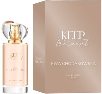 Woda perfumowana beBIO Keep The Secret Ewa Chodakowska 50ml. Różowo-złota butelka z atomizerem i pudełko.