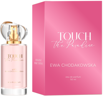 Ewa Chodakowska Touch The Paradise, owocowo-tropikalna woda perfumowana, butelka i jaskraworóżowe pudełko.