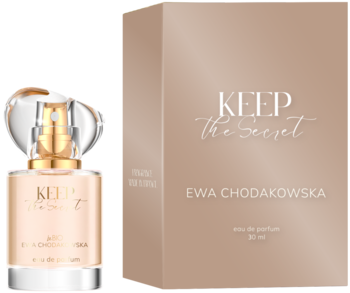 Damska woda perfumowana Keep The Secret Ewa Chodakowska 30 ml, elegancka butelka i beżowe pudełko.