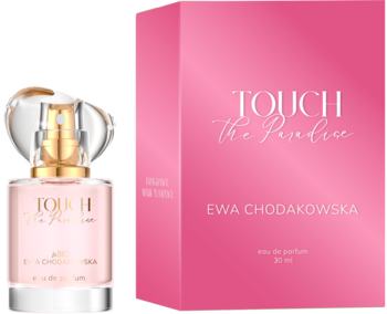 Woda perfumowana Ewa Chodakowska Touch The Paradise, różowa butelka ze złotym korkiem i pasujące pudełko na białym tle.