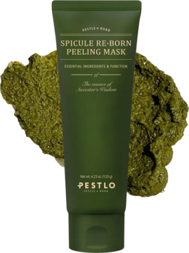 Ciemnozielona tubka PESTLO SPICULE RE-BORN PEELING MASK, widok z przodu na gęstą zieloną pastę.