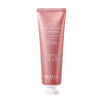 Różowa tubka maski Pestlo Baby Collagen Glow Mask T3, z białym tekstem, widok z przodu na pastelowym tle.