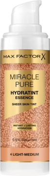 Max Factor Miracle Pure Hydratint Essence Light-Medium, złoty tint z bakuchiolem w butelce z pompką, widok z przodu.