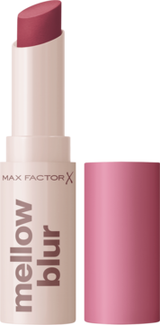 Max Factor Mellow Blur, otwarta szminka rozmycająca w odcieniu pudrowego różu, z napisem i nakrętką.