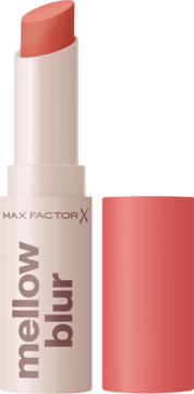 Max Factor Mellow Blur pomadka kremowa Peach Blush, otwarta, z wysuniętym brzoskwiniowym sztyftem i zakrętką.