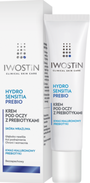 Iwostin Hydro Sensitia Prebio, biały krem pod oczy z prebiotykami, tubka obok pudełka, niebieskie akcenty.