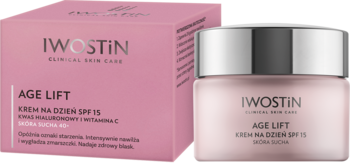 Iwostin Age Lift krem na dzień SPF 15 w różowym pudełku i słoiczku z srebrną nakrętką, widok z przodu.