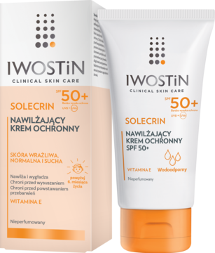Iwostin Solecrin Nawilżający krem ochronny SPF 50+ w białej tubce z pomarańczowym korkiem i pudełku.