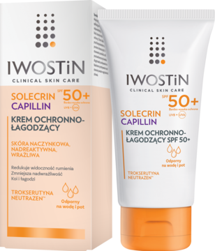 Iwostin Solecrin Capillin SPF 50+ krem ochronno-łagodzący do skóry naczynkowej, pudełko i tubka.