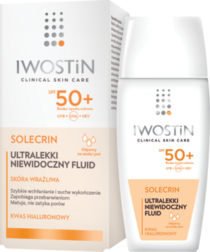 IWOSTIN Solecrin Ultralekki Niewidoczny Fluid SPF 50+, białe opakowanie i butelka z pomarańczowymi elementami.