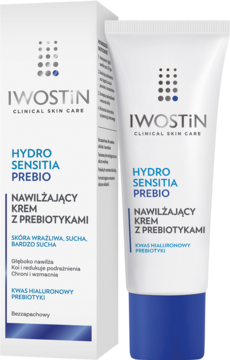 Iwostin Hydro Sensitia Prebio krem nawilżający, biała tuba z niebieskimi detalami obok pudełka.