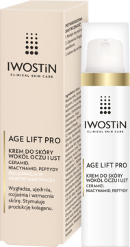 Iwostin Age Lift Pro krem pod oczy i usta z ceramidem; białe pudełko i tubka na białym tle, widok z przodu.