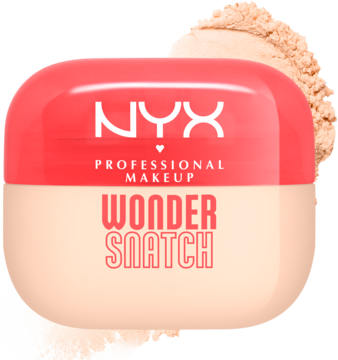 NYX Wonder Snatch Powder w beżowo-koralowym opakowaniu z logotypem, obok rozsypany puder. Wygładzający i matujący.