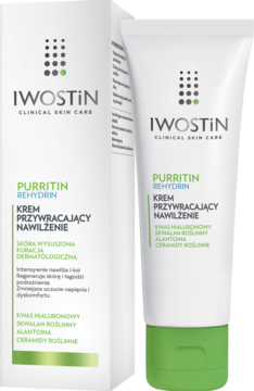Iwostin Purritin Rehydrin krem nawilżający do skóry suchej, biała tubka i pudełko z zielonym spodem, widok z przodu.