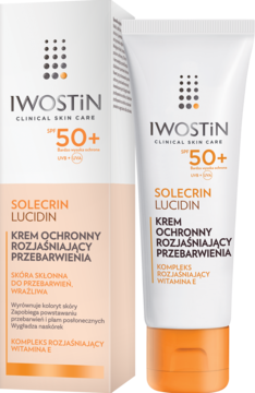 Iwostin Solecrin Lucidin SPF 50+ krem rozjaśniający przebarwienia. Biała tubka i pudełko na białym tle, widok pod kątem.