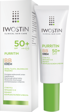 Iwostin Purritin BB Krem SPF 50+ dla cery tłustej, w białym pudełku i tubce z zielonymi detalami.