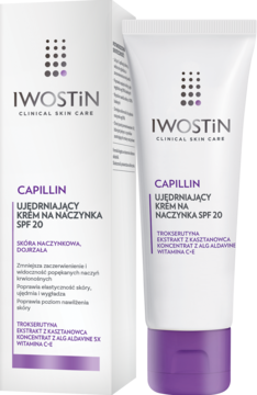 IWOSTIN Capillin Krem Ujędrniający na Naczynka SPF 20: biała tubka i pudełko obok siebie, widok z przodu.