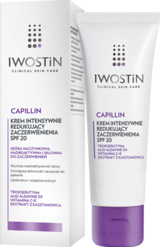 Biała tubka kremu Iwostin Capillin SPF 20 na zaczerwienienia, stojąca obok białego opakowania kartonowego.