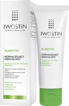 Iwostin Purritin normalizujący krem na noc, biała tubka i kartonik z zielonymi napisami, widok z przodu.