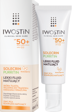 Iwostin Solecrin Purritin lekki fluid matujący SPF 50+ w białej tubce i jasnobeżowym pudełku, widok z przodu.