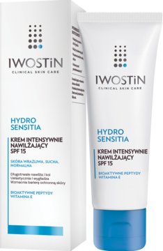 Iwostin Hydro Sensitia, intensywnie nawilżający krem SPF 15 w białej tubce obok kartonika, widok z przodu.