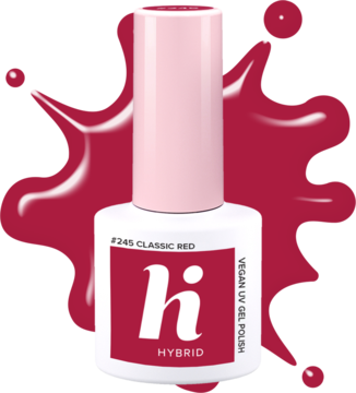 Hi Hybrid lakier hybrydowy UV #245 Classic Red w białej butelce z różową nakrętką, na tle czerwonych kropel.