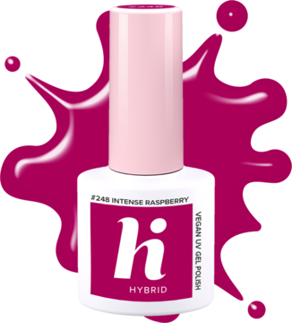 Intensywny malinowy lakier hybrydowy hi HYBRID #248 Vegan UV Gel Polish, butelka z różową nakrętką.