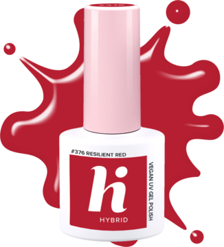 Czerwony lakier hybrydowy hi hybrid #376 Resilient Red, vegan UV gel, butelka z różową nakrętką, na czerwonym tle.