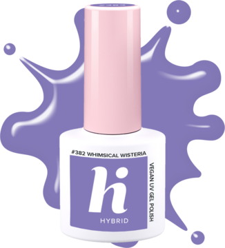 Lakier hybrydowy Hi Hybrid #382 Whimsical Wisteria, butelka w pastelowym fiolecie z różową nakrętką, napis 'VEGAN UV GEL POLISH'.