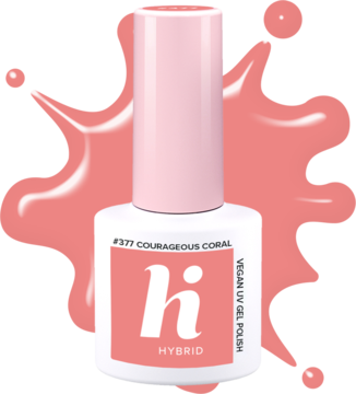 Hi Hybrid lakier żelowy #377 Courageous Coral, koralowo-pomarańczowy, w białej butelce z różową nakrętką, widok z przodu.