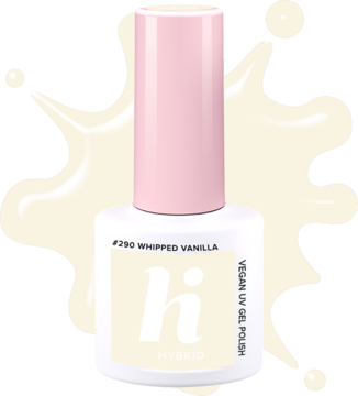 Lakier hybrydowy hi hybrid #290 Whipped Vanilla, mleczny biały, w białej butelce z różową nakrętką.