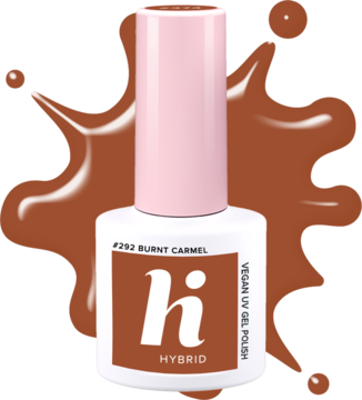 Lakier hybrydowy hi #292 Burnt Carmel w białej butelce z różową nakrętką, na tle błyszczącego rozlewu.