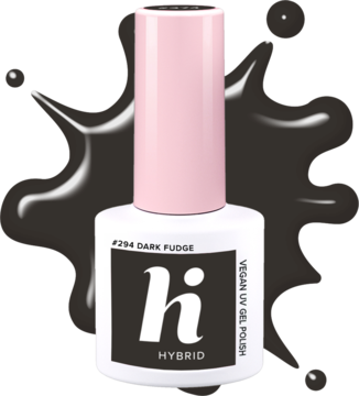 Ciemnobrązowy lakier hybrydowy hi hybrid #294 Dark Fudge, z różową nakrętką, na tle ciemnej, rozlanej plamy.