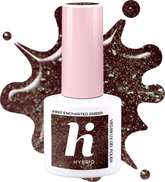Lakier hybrydowy Hi Hybrid #490 Enchanted Ember, miedziano-brązowy z opalizującym złotym brokatem. Elegancki efekt.